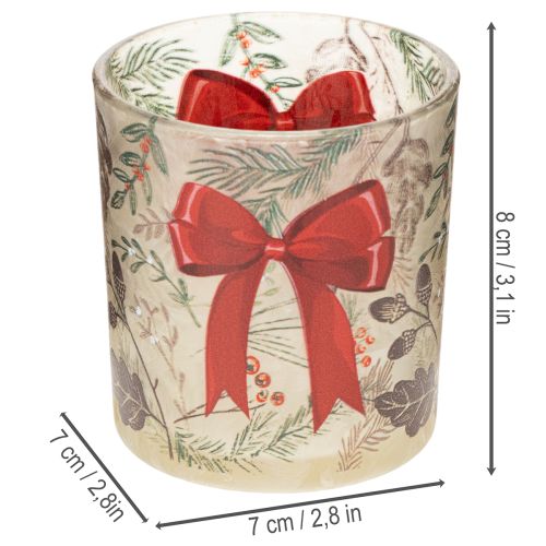 Sklenený svietnik s vianočnými vetvičkami a červenou stuhou, 8 cm, 2 kusy | Floristik24.sk