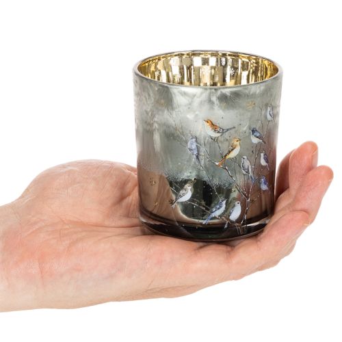Sklenený svietnik na čajové sviečky s motívom vtáčika a snehovej vločky, 8 cm, 2 kusy | Floristik24.sk