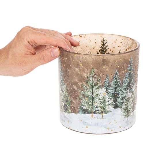 Sklenený držiak na čajové sviečky s motívom jedľového lesa, zimná dekorácia, 15 cm | Floristik24.sk