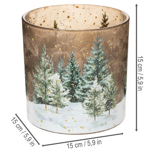 Sklenený držiak na čajové sviečky s motívom jedľového lesa, zimná dekorácia, 15 cm | Floristik24.sk
