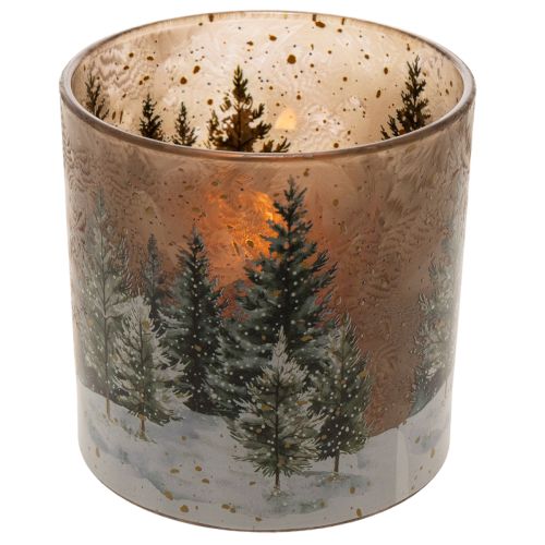 Sklenený držiak na čajové sviečky s motívom jedľového lesa, zimná dekorácia, 15 cm | Floristik24.sk