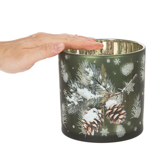 Sklenený držiak na čajové sviečky s borovicovými šiškami a snehovými vločkami, 15 cm | Floristik24.sk