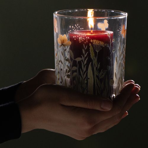 položky Dekoratívny sklenený lampión s motívom motýlej lúky pre štýlové bytové doplnky, 18 cm, 2 kusy