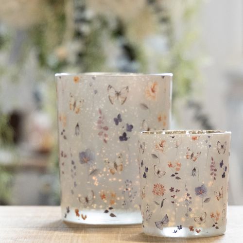 položky Sklenený držiak na čajové sviečky s motívom motýľa pre útulné chvíle bývania, 12,5 cm, 2 kusy