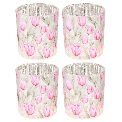 položky Dekoratívny sklenený lampión s tulipánovým dizajnom pre jarné dekorácie do domácnosti, 8 cm, 4 kusy.
