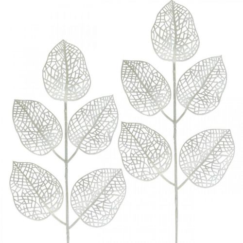 Floristik24 Zimná dekorácia, deko listy, umelá vetvička biele trblietky L36cm 10p