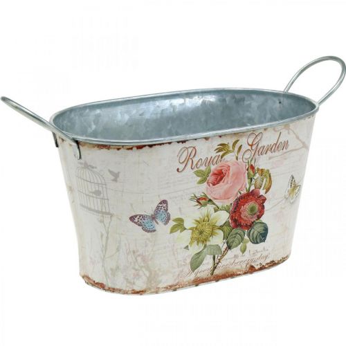 položky Vintage kvetinová vaňa, kovový črepník s rúčkami, kvetináč s ružami L18cm V10,5cm