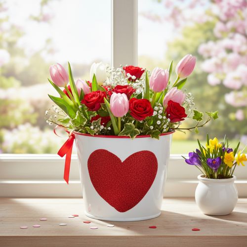Biely kvetináč s červeným srdcom, kvetináč, Ø13cm V10,5cm | Floristik24.sk