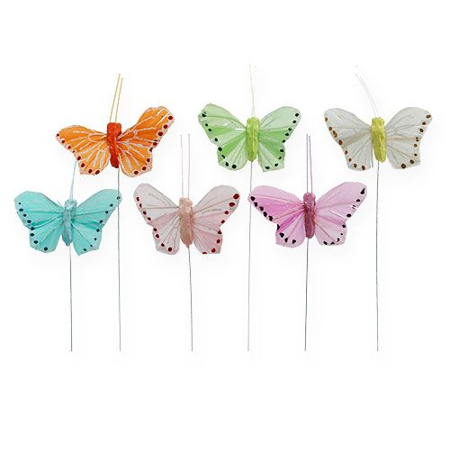 Floristik24 Motýliky z peria na drôte farebné 5,5cm 24ks