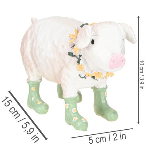 Dekoratívne prasiatko s gumenými čižmami – Zábavná farmárska figúrka s kvetinovým vencom 15,5 cm | Floristik24.sk