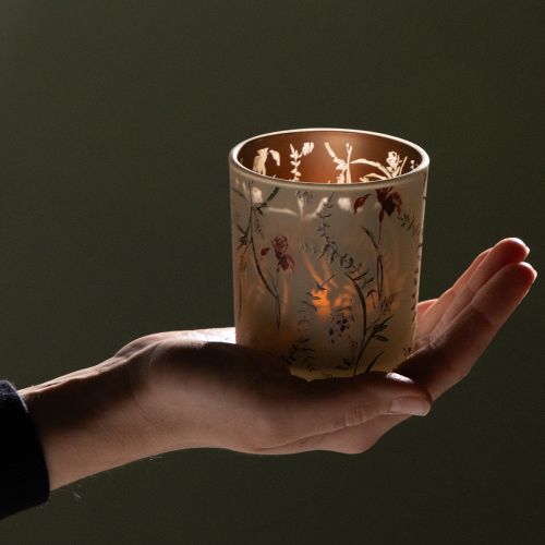 položky Dekoratívny sklenený lampión s kvetinovým motívom pre atmosférické bytové doplnky, 8 cm, 4 kusy.