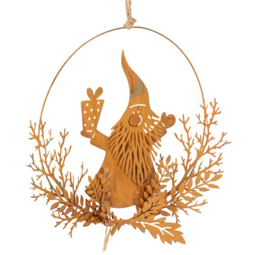 Vianočný ozdobný prsteň, sob v kruhu, Santa Claus s darčekom, kovová dekorácia, hrdzavý povrch, Ø18 cm, sada 2 kusov | Floristik24.sk