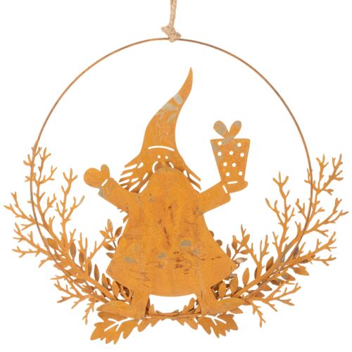 Vianočný ozdobný prsteň, sob v kruhu, Santa Claus s darčekom, kovová dekorácia, hrdzavý povrch, Ø18 cm, sada 2 kusov | Floristik24.sk