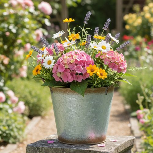 položky Dekoratívny kvetináč s rúčkami, vedro na kvetináče, kovová nádoba, strieborná, zvetraná oceľ, Ø17 cm V16,5 cm