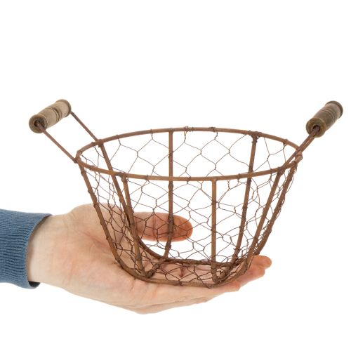 Drôtený košík, kovový košík s rúčkou, drevo, hrdza, dekoratívny, Ø18cm | Floristik24.sk