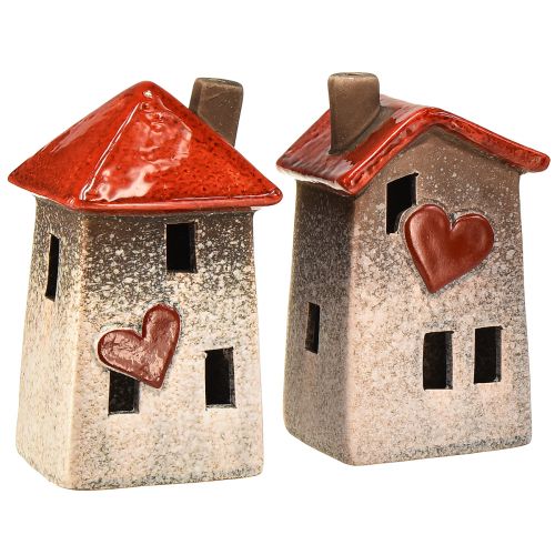 Floristik24 Láskyplné keramické domčeky - dizajn srdca, červená &amp; prírodná, 17,5 cm - romantická dekorácia do domácnosti, 2 kusy