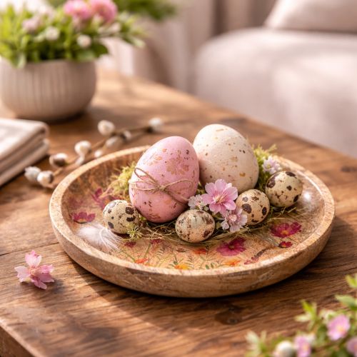 položky Drevené taniere s kvetmi a motýľmi, prírodná ružová, Ø15cm, 3 kusy