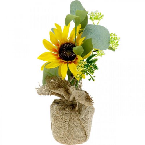 Floristik24 Umelá slnečnica, hodvábny kvet, letná dekorácia, slnečnica v jutovom vreci