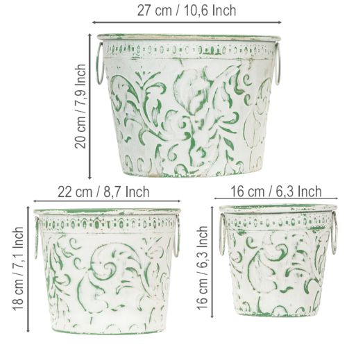 Kovové kvetináče s rúčkami, kvetináče s razbou, biele, zelené, shabby chic, V 20,5/18,5/16 cm, Ø 25,5/20,5/15,5 cm, sada 3 kusov | Floristik24.sk