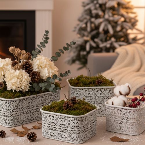 položky Kovové misky s čipkovaným vzorom, dekoratívna nádoba, štvorcové, shabby chic, biele, 27/23/19 cm, V 13,5 cm, sada 3 kusov