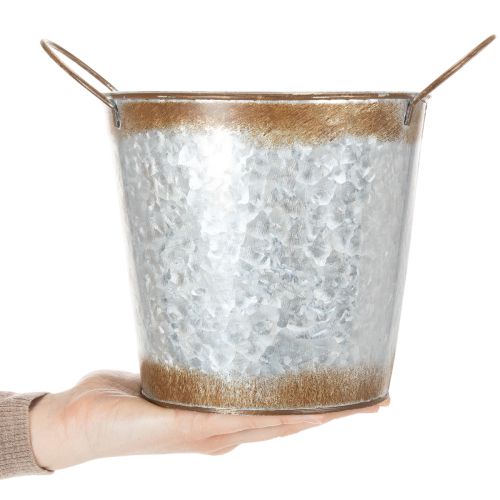 položky Kovový kvetináč, miska, kvetináč so striebornými rúčkami, povrchová úprava z zvetranej ocele, Ø18 cm V20 cm