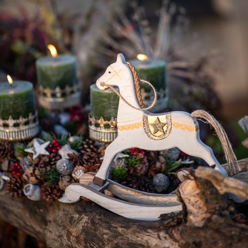 položky Hojdací koník drevo, vianočná dekorácia biela zlatá V24cm