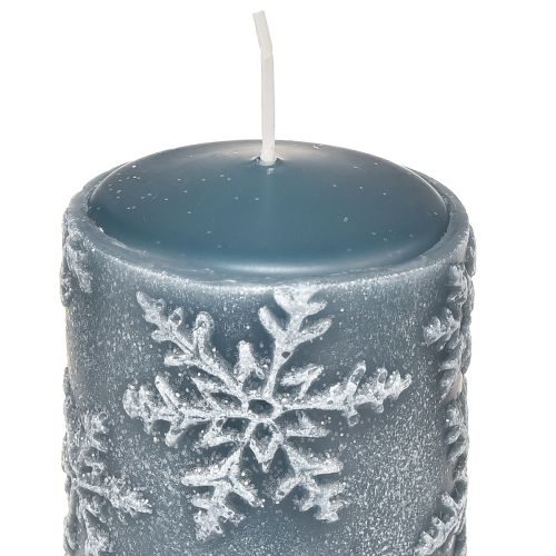 Floristik24 Stĺpové sviečky modré sviečky snehové vločky 100/65mm 4 ks