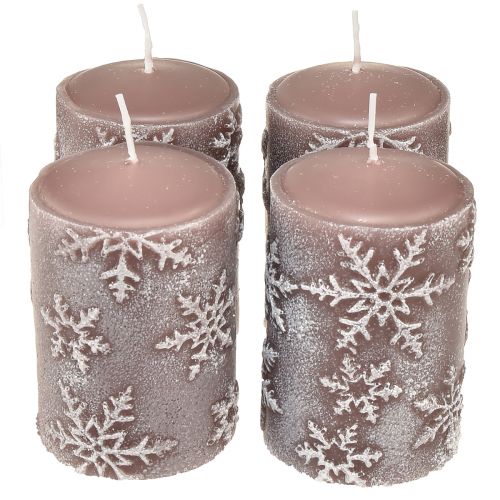Stĺpové sviečky ružové sviečky snehové vločky 100/65mm 4ks