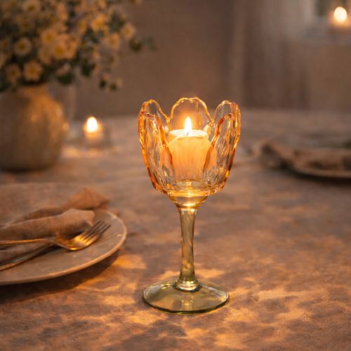 položky Sklenený držiak na čajové sviečky v tvare tulipánu, vintage štýl, romantická bytová dekorácia, 20 cm