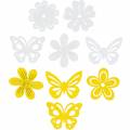 Floristik24 Kvety a motýle na rozsýpanie žltá, biela drevená roztrúsená dekorácia jarná dekorácia 72 kusov