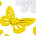 Floristik24 Kvety a motýle na rozsýpanie žltá, biela drevená roztrúsená dekorácia jarná dekorácia 72 kusov