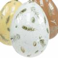 Floristik24 Veľkonočné vajíčka na zavesenie s motívom kraslice a pierka biele, hnedé, žlté 3ks