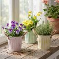 Dekoratívny kvetináč, kovové vedro na sadenie, kvetináč s rúčkami, ružovo-zeleno-žltý shabby chic Ø15cm V13cm 3-dielna sada | Floristik24.sk