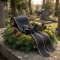 Elegantná moaré stuha na veniec, 175 mm čierna s perleťovým okrajom a taftovou väzbou, ozdobná stuha na pohrebné kvety, mašľová stuha, 25 m | Floristik24.sk