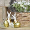 Floristik24 Veľkonočný zajačik bielo-zlatý, veľkonočná dekorácia, ozdobný zajačik s vajíčkom V16/18cm sada 2 ks