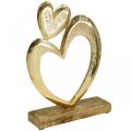Floristik24 Kovové srdce zlaté, ozdobné srdiečko na mangovom dreve, dekorácia na stôl, dvojité srdiečko, Valentín