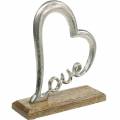 Floristik24 Stolová dekorácia srdce &quot;Love&quot; na drevenom základe mangová kovová dekorácia strieborná