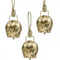 Floristik24 Zvončeky na zavesenie, mini kravské zvončeky, vidiecky domček, kovové zvončeky zlaté, starožitný vzhľad 7×5cm 12ks