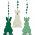 Floristik24 Veľkonočné zajačiky na zavesenie, jarná dekorácia, prívesok, ozdobné zajačiky zelené, biele 3 kusy