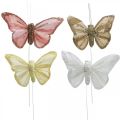 Floristik24 Motýle so sľudou, svadobná výzdoba, ozdobné zátky, pierko motýlik žltá, béžová, ružová, biela 9,5×12,5cm 12ks