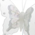 Floristik24 Motýle s perlami a sľudou Svadobná dekorácia pierko Motýľ na drôte bielej