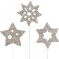Floristik24 Flower plug stars, advent, kvetinová výzdoba, drevené hviezdičky, prírodné, biele, zlaté trblietky L27/28,5cm 18ks