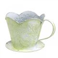 Floristik24 Kvetináč, ozdobný držiak kávového filtra, kovový pohár na pestovanie, kvetinová dekorácia zelená, biela shabby chic V11cm Ø11cm