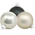Floristik24 Guľa, ozdoby na vianočný stromček, vianočná guľa čierna/strieborná/perleť V8,5cm Ø7,5cm pravé sklo 12 kusov
