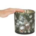 Sklenený držiak na čajové sviečky s borovicovými šiškami a snehovými vločkami, 15 cm | Floristik24.sk